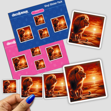 Hand holding Lion on a Rocky Outcrop at Sunrise stickers, featuring various lion images in serene natural settings, available from Decal Venue as unique stickers or digital artwork.
