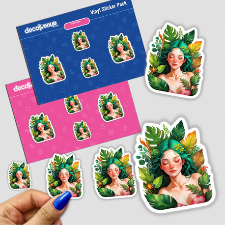 Sticker Design: Woman Resting Amidst Lush Tropical Greenery - Features a serene woman with green hair surrounded by detailed green leaves. Available as stickers or digital artwork.