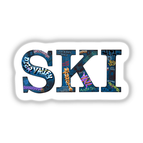 SKI multiple locations design featuring vivid graffiti-style graphics, available as unique stickers or digital artwork.