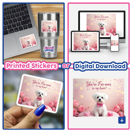 Maltese Sticker and Clipart with Commercial Rights showcases a cute dog wearing a pink bow tie, ideal for Valentine's Day designs. Available as stickers or digital artwork.