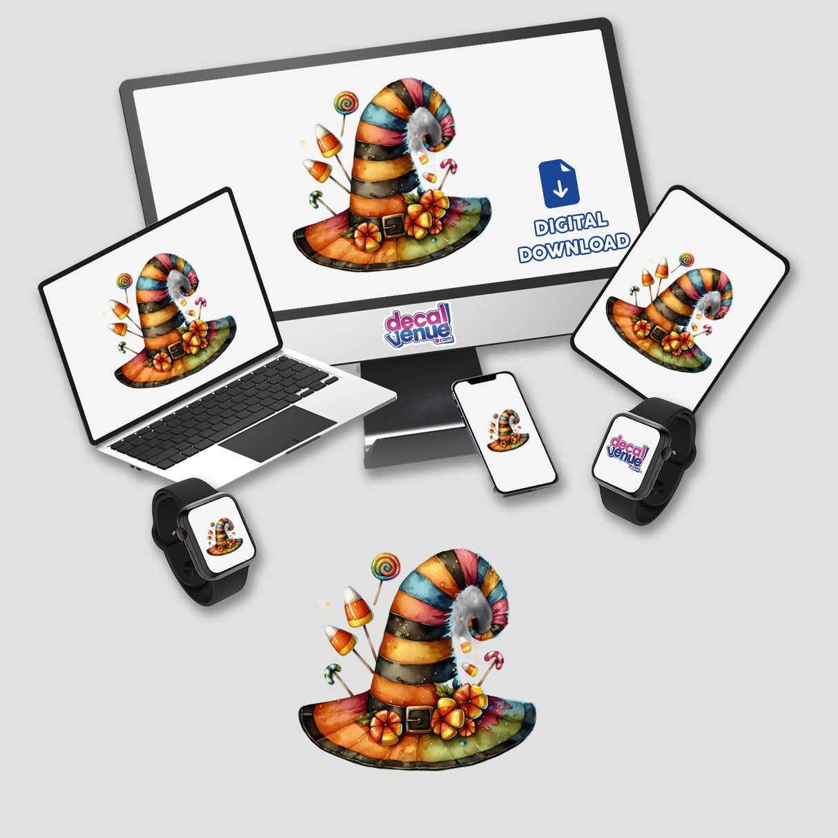 Halloween Hat with Candy design displayed on a computer monitor and laptop, showcasing the unique digital artwork available as stickers or digital art from Decal Venue.