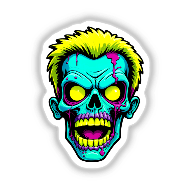 A Cool Neon Punk Zombie Skull in cartoon style, featuring exaggerated features like yellow teeth and dripping paint, available as stickers or digital artwork from Decal Venue.