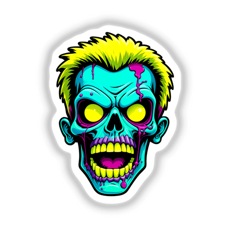 A Cool Neon Punk Zombie Skull in cartoon style, featuring exaggerated features like yellow teeth and dripping paint, available as stickers or digital artwork from Decal Venue.