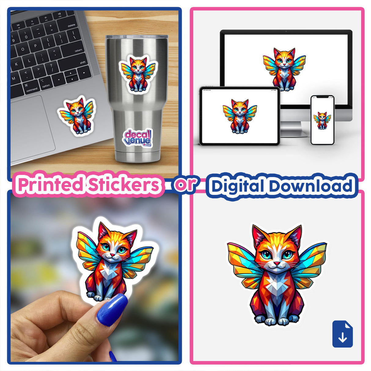 Collage showcasing A Cute Geometric Fairy Cat sticker on various surfaces, including a laptop and cup, highlighting its versatility as a unique sticker or digital artwork from Decal Venue.