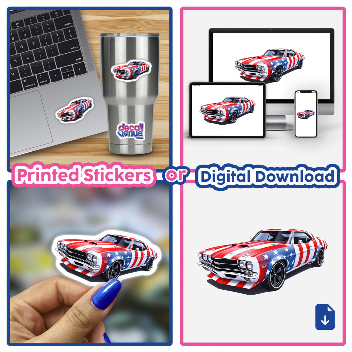 A Cool American Flag Muscle Car depicted as a vibrant collage featuring vinyl sticker designs, showcasing patriotic stars and stripes, ideal for cars or laptops from Decal Venue.