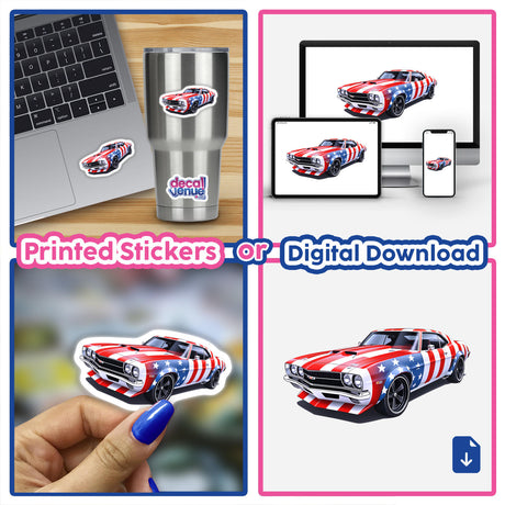 A Cool American Flag Muscle Car depicted as a vibrant collage featuring vinyl sticker designs, showcasing patriotic stars and stripes, ideal for cars or laptops from Decal Venue.