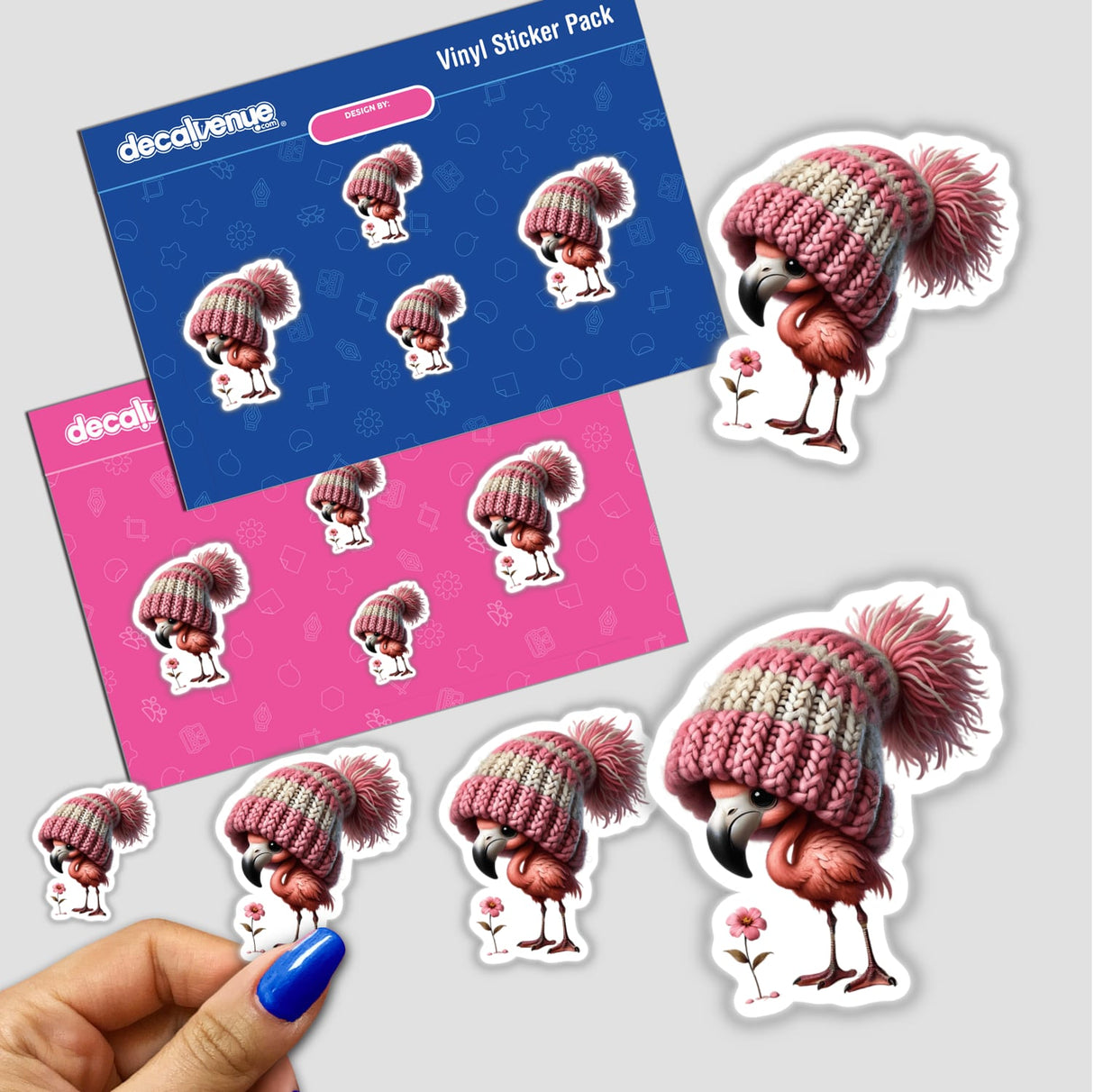 Flamingo Gnome with Flower sticker featuring a cartoon flamingo in a knitted hat with a flower. Available as stickers or digital artwork from Decal Venue.