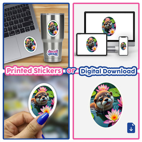 Collage featuring Cute Otter In The Water design, available as stickers or digital artwork. Showcases an otter on a laptop and in water, reflecting Decal Venue's unique style.