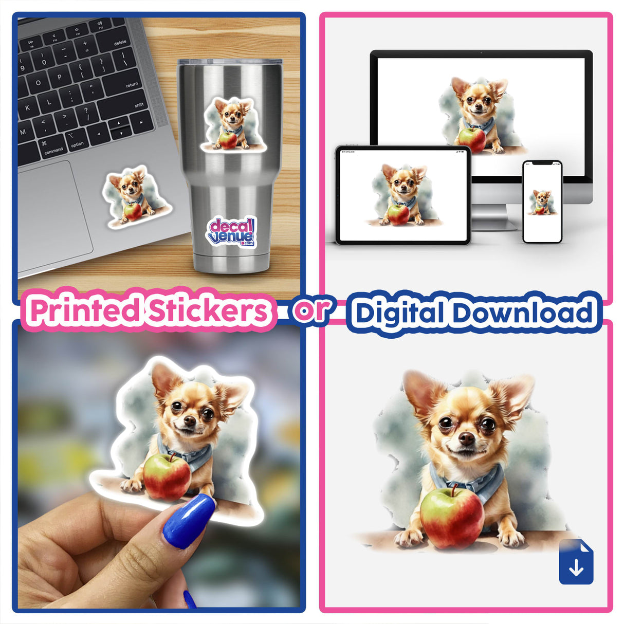Adorable Chihuahua Clipart – Sticker or Download with Commercial Rights: collage showing a cute Chihuahua on a laptop, holding an apple, and various close-ups of the dog and apple elements.