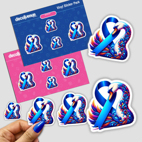 Swan Colon Cancer Awareness Blue Ribbon sticker pack featuring blue ribbons and swan designs, presented as unique vinyl stickers or digital art, ideal for raising awareness.