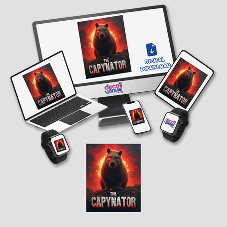 The Capynator Sticker or Clipart features a capybara resembling a Terminator, displayed on a laptop screen. Ideal for stickers or digital art with commercial rights.