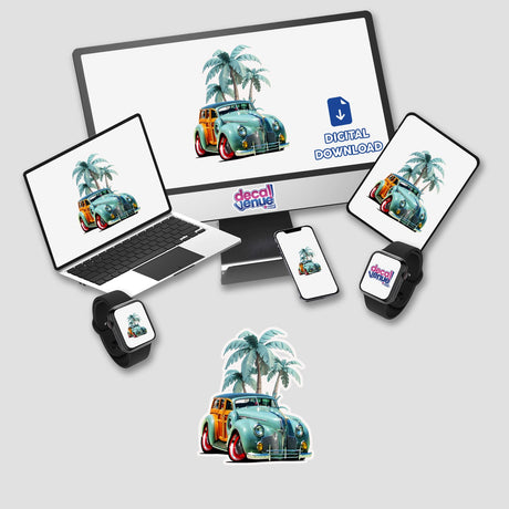 Blue Woodie digital artwork displayed on a laptop and monitor, featuring a cartoon car with wood paneling. Available as stickers or digital downloads from Decal Venue.