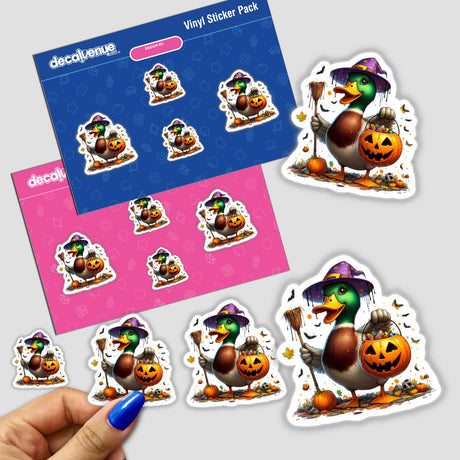 Halloween Mallard Duck Witch sticker pack featuring cartoon ducks holding pumpkins and brooms. Available as unique stickers or digital artwork from Decal Venue.