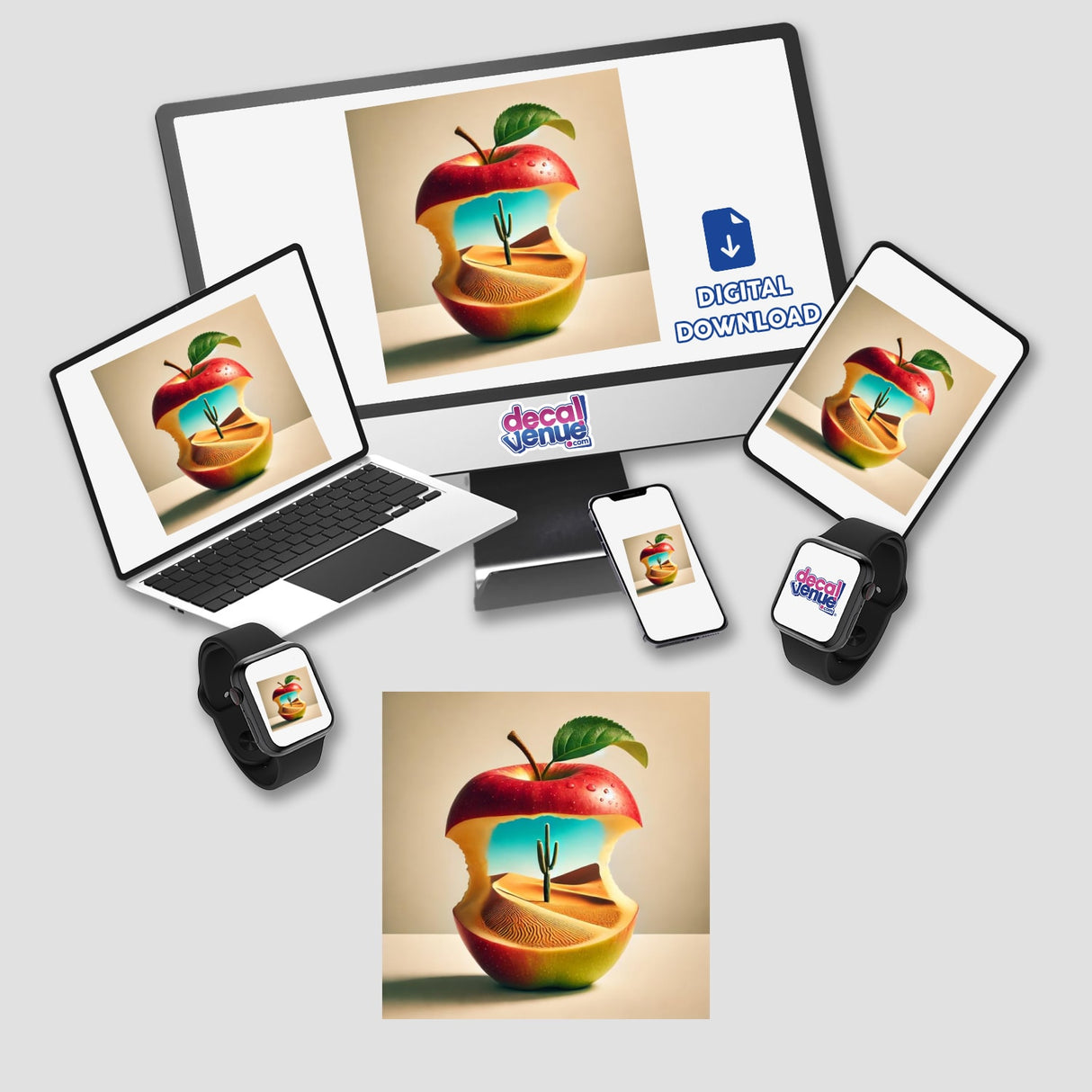 Desert Mirage Sandy Dunes Inside an Apple: A digital artwork showing a sliced apple with a desert landscape and cactus inside, displayed on a computer monitor and a laptop.