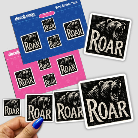 Roar Woodcut Typography Sticker or Clipart features a motivational bear design, emphasizing bold woodcut typography. Available as both stickers and digital artwork with commercial rights.