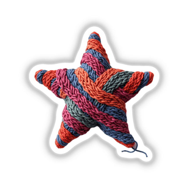Knitted Yarn Star depicted as a vibrant, intricately crafted star-shaped pillow, symbolizing creativity. Available as stickers or digital artwork from Decal Venue, known for unique sticker designs and digital art.