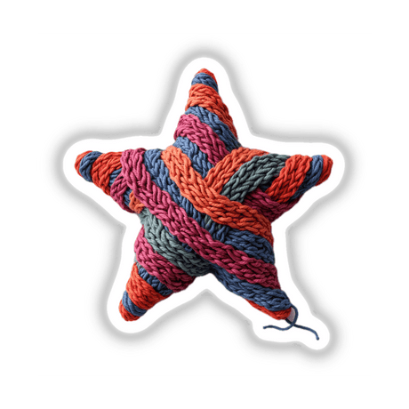 Knitted Yarn Star depicted as a vibrant, intricately crafted star-shaped pillow, symbolizing creativity. Available as stickers or digital artwork from Decal Venue, known for unique sticker designs and digital art.