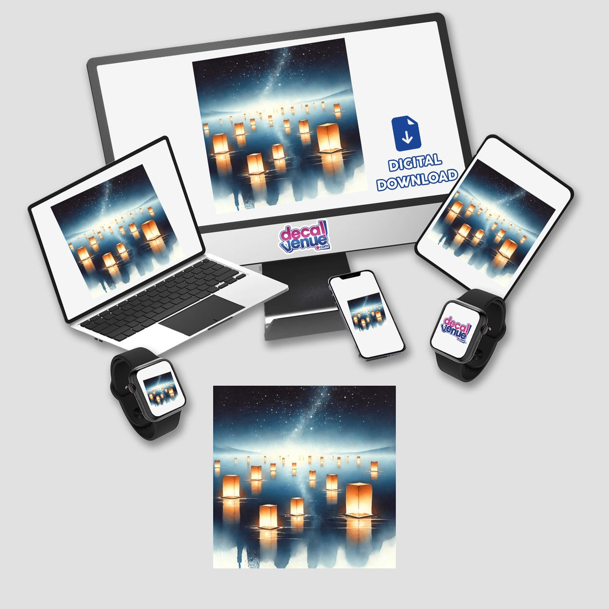 Floating Lanterns - Ethereal Boho Watercolor Nightscape displayed on a laptop and phone screen, showcasing a serene night scene with lanterns floating on water.