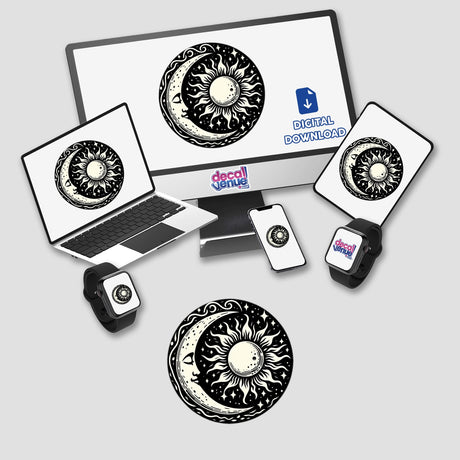 Sun and Moon design features a black and white illustration of celestial bodies, available as stickers or digital artwork, ideal for adding a unique touch from Decal Venue.