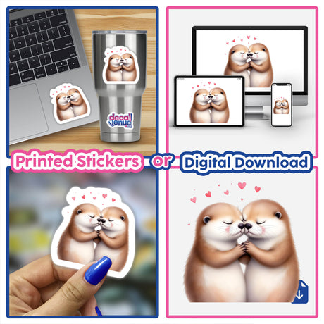 Sleeping Otters Holding Hands with Hearts design, featuring two otters peacefully holding hands surrounded by heart motifs, available as stickers or digital artwork from Decal Venue.