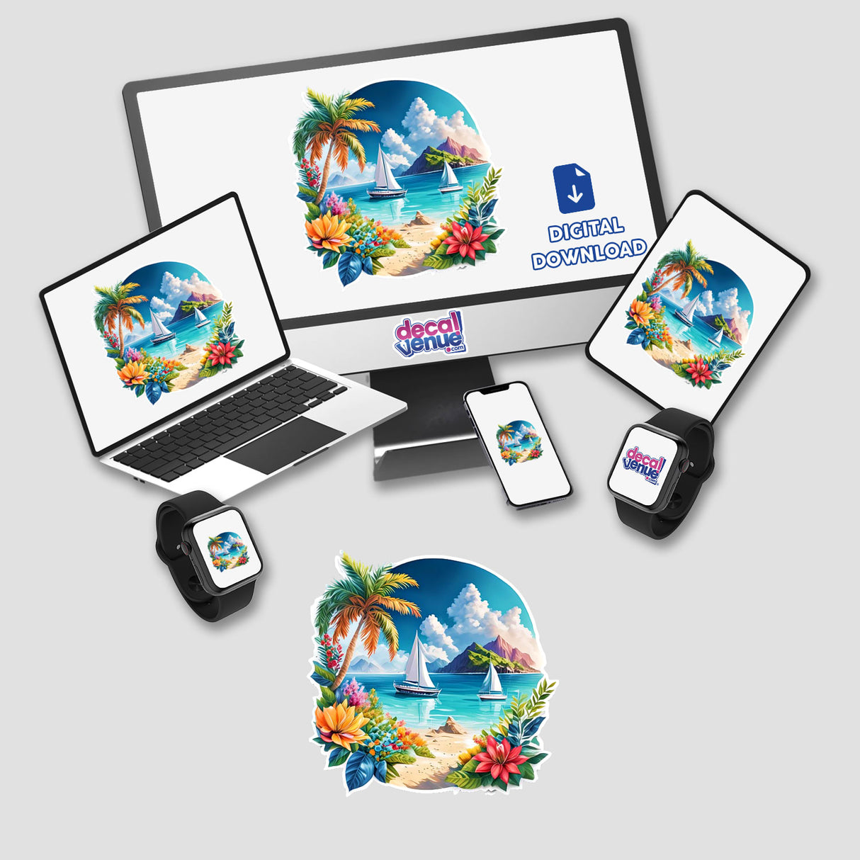 Vibrant tropical beach scene with palm trees, sailboats, colorful flowers, and a digital download icon on various devices including laptop, tablets, and smartphones for Decal Venue's digital artwork "Boats and Island".