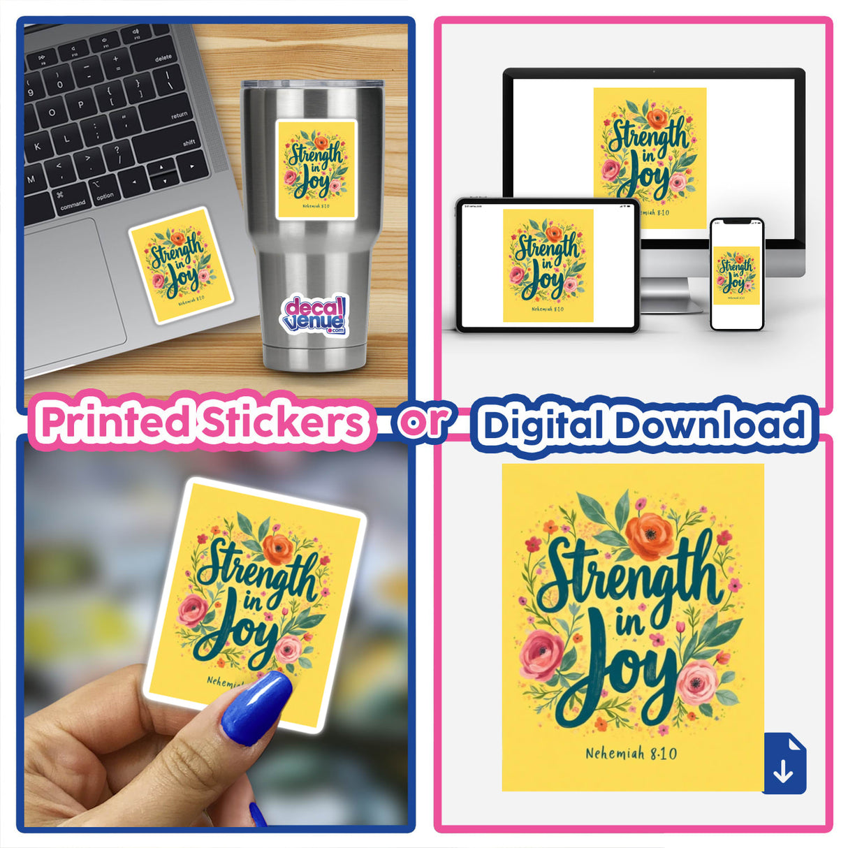Strength in Joy Nehemiah 8:10 Sticker or Clipart displayed on a laptop, featuring a vibrant collage of designs, highlighting its availability as both physical stickers and digital artwork.
