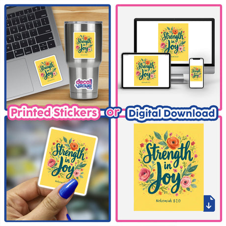 Strength in Joy Nehemiah 8:10 Sticker or Clipart displayed on a laptop, featuring a vibrant collage of designs, highlighting its availability as both physical stickers and digital artwork.