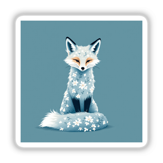 Chinoiserie Fox sticker or digital artwork featuring a white fox adorned with delicate flowers, capturing a whimsical and artistic essence. Perfect for fans of unique, decorative animal illustrations.