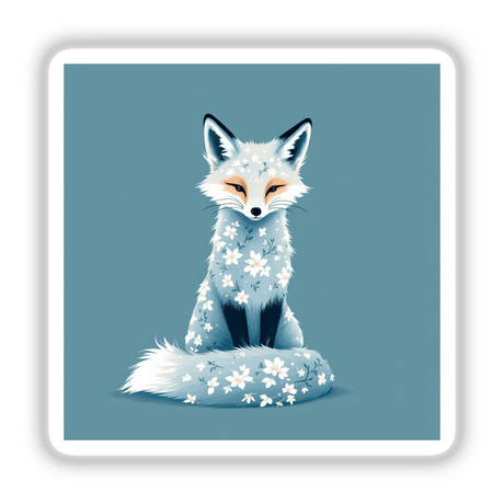 Chinoiserie Fox sticker or digital artwork featuring a white fox adorned with delicate flowers, capturing a whimsical and artistic essence. Perfect for fans of unique, decorative animal illustrations.