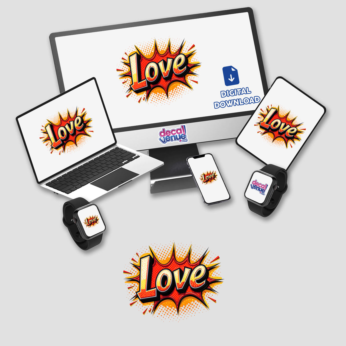 Love Valentine's Day digital artwork featuring a computer monitor and laptop, available as stickers. Displays comic book style word, smart watch, cellphone, and keyboard elements, offering unique visual appeal.
