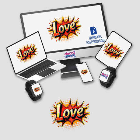 Love Valentine's Day digital artwork featuring a computer monitor and laptop, available as stickers. Displays comic book style word, smart watch, cellphone, and keyboard elements, offering unique visual appeal.