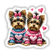 Two Yorkie Dogs in Heart Sweaters depicted as charming stickers or digital artwork, showcasing two terriers in cozy heart-patterned sweaters, capturing a whimsical and playful pet-themed design.