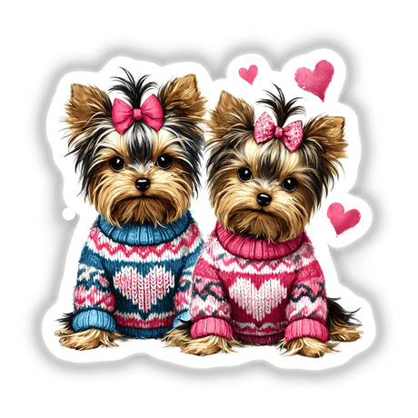 Two Yorkie Dogs in Heart Sweaters depicted as charming stickers or digital artwork, showcasing two terriers in cozy heart-patterned sweaters, capturing a whimsical and playful pet-themed design.