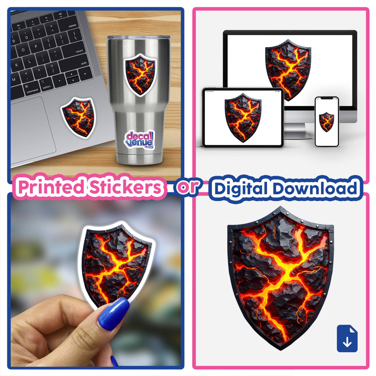 Molten Lava Shield sticker displayed on a laptop. The design features a striking lava pattern, emphasizing the unique digital artwork style offered by Decal Venue.