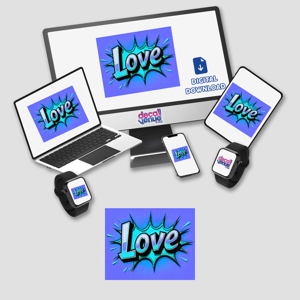 Love Valentine's Day-themed digital artwork featuring a computer monitor, laptop, smartphone, and smartwatch, available as stickers or digital art from Decal Venue.