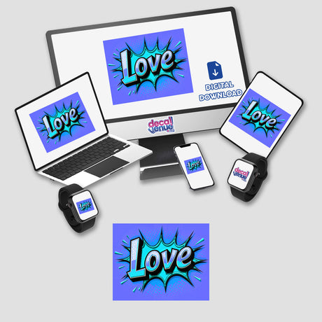 Love Valentine's Day-themed digital artwork featuring a computer monitor, laptop, smartphone, and smartwatch, available as stickers or digital art from Decal Venue.