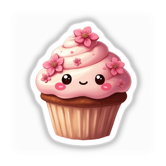 Kawaii Cherry Blossom Cupcake Sticker – Adorable Food Art features a cartoon cupcake with pink frosting and delicate flowers, available as stickers or digital artwork.
