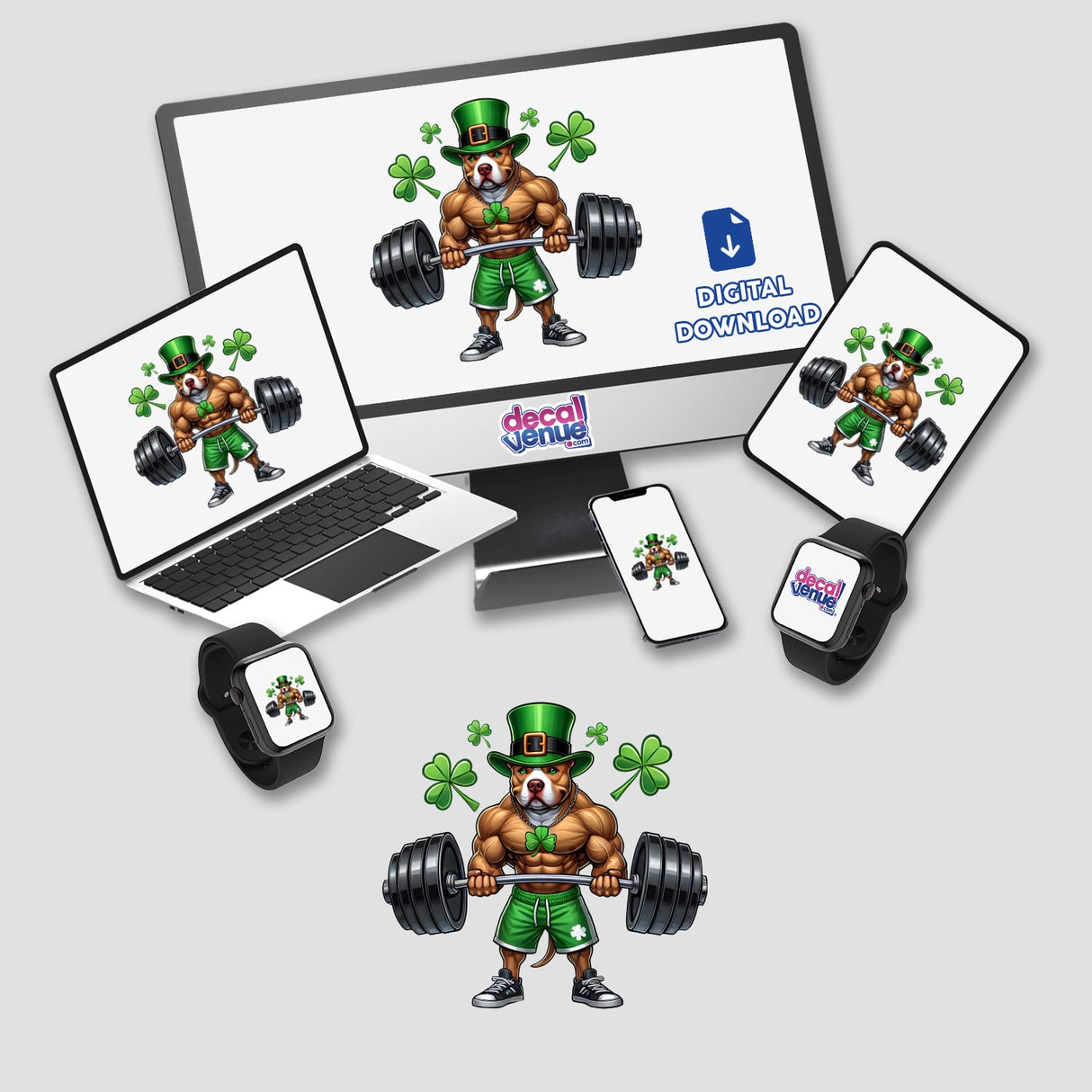 Irish Leprechaun Workout Pitbull Dog depicted as a muscular cartoon dog lifting a barbell, available as stickers or digital artwork from Decal Venue's unique collection.