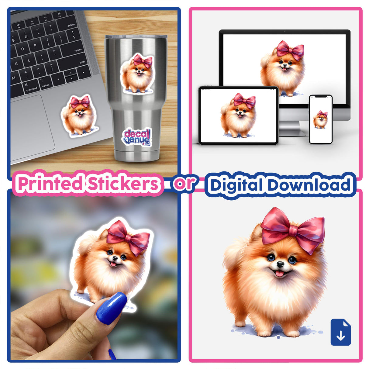 Cute Pomeranian dog with large pink bow in various digital art and printed sticker formats
