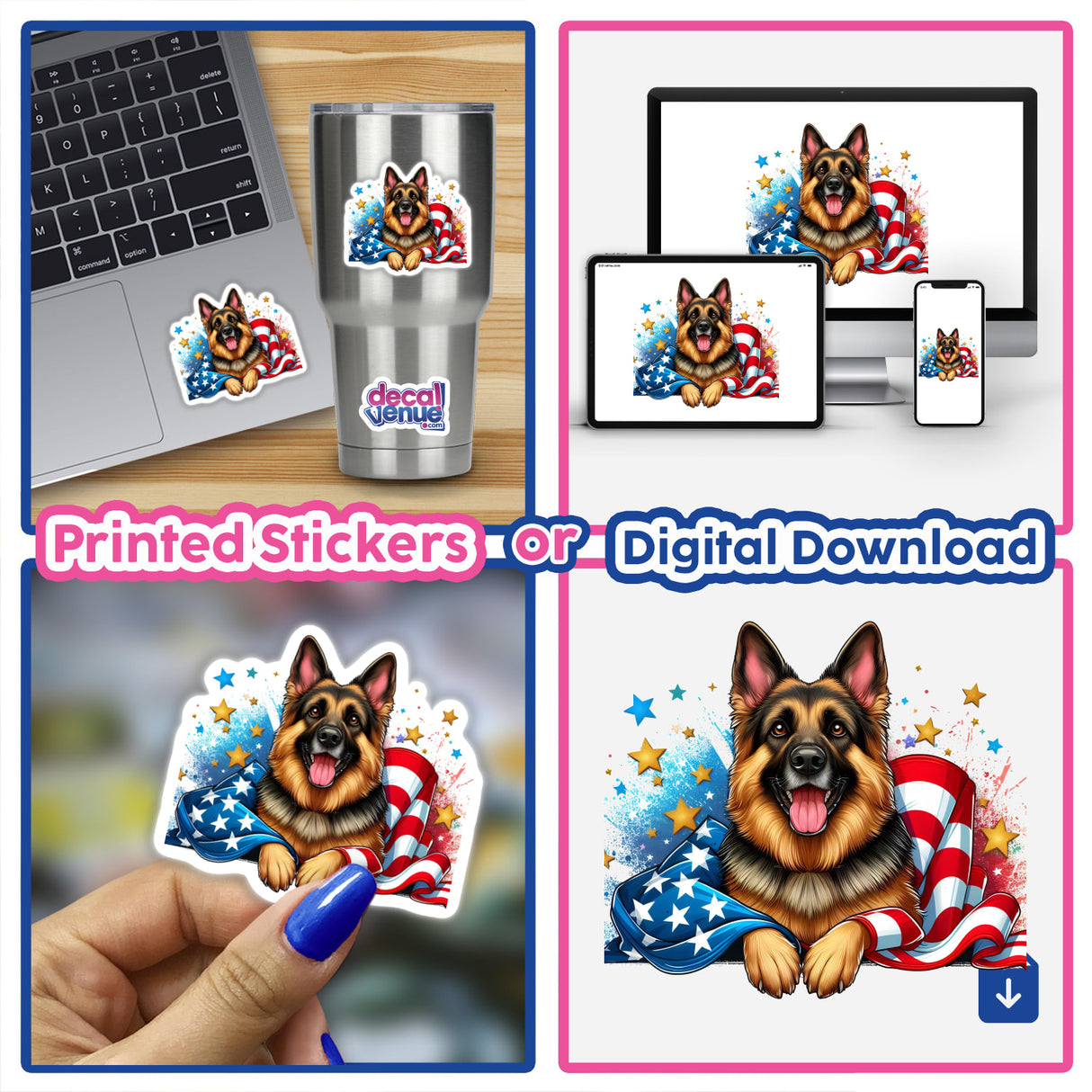 Patriotic German Shepherd dog draped in American flag, digital artwork displayed on various devices and products