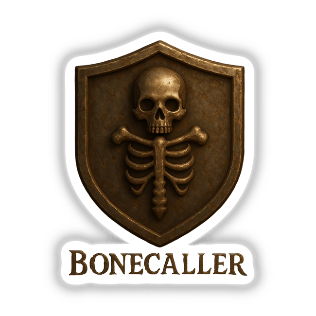 Bonecaller – RPG-Style Skill Badge featuring a bronze skeletal sigil crest, available as a sticker or digital artwork, perfect for collectors or RPG enthusiasts seeking unique designs.