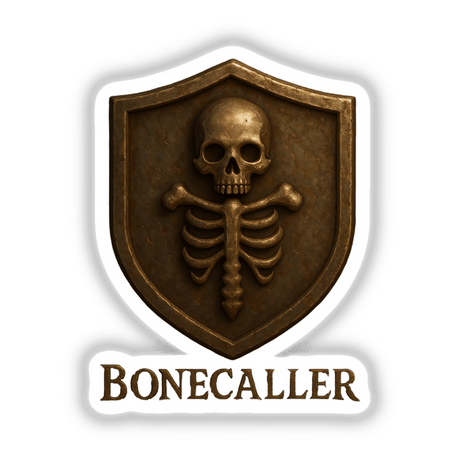 Bonecaller – RPG-Style Skill Badge featuring a bronze skeletal sigil crest, available as a sticker or digital artwork, perfect for collectors or RPG enthusiasts seeking unique designs.