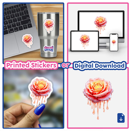 Rose Dripping Candle Wax sticker or digital artwork featuring a collage of roses with dripping paint, showcased on a laptop, cup, and various surfaces, highlighting unique design elements.