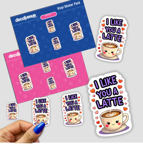 I Like You A Latte Funny Love Quote stickers feature cartoon coffee cups with heart-shaped foam, perfect for adding charm to notebooks or digital designs.