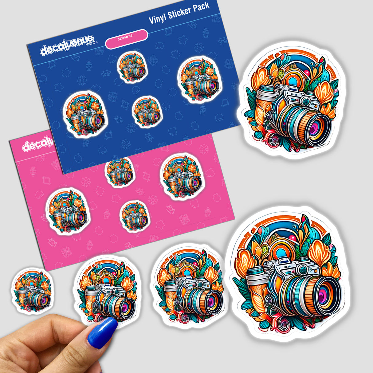 Floral camera sticker featuring a hand-drawn, colorful camera design held by a hand, available as both stickers and digital artwork.