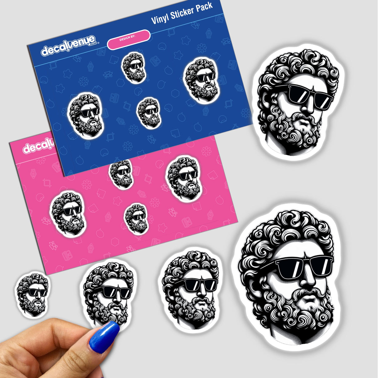 Hipster Greek sticker featuring a black and white drawing of a bearded man wearing sunglasses. Available as stickers or digital artwork.