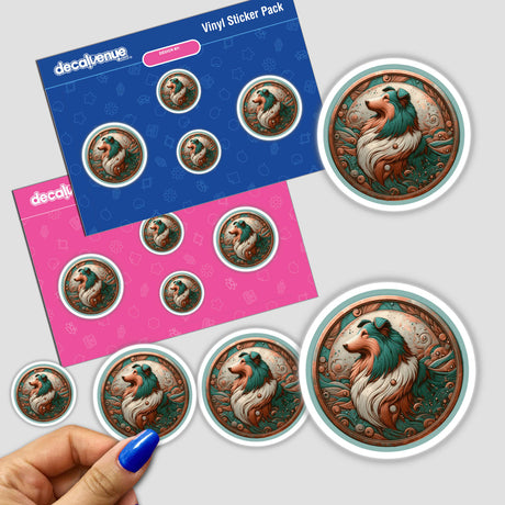 Decorative sheltie dog stickers on a colorful vinyl sticker pack, featuring a vibrant, artistic rendition of the sheltie breed. The stickers showcase the fluffy, elegant features of the sheltie in a striking, intricate design.