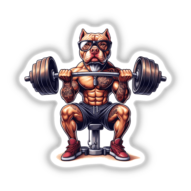 Muscular tattooed Pitbull dog weightlifter wearing glasses and workout gear, holding a barbell