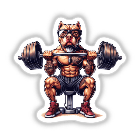 Muscular tattooed Pitbull dog weightlifter wearing glasses and workout gear, holding a barbell