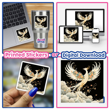 Chinoiserie Phoenix: a collage featuring a white phoenix adorned with flowers and clouds, available as unique stickers or digital artwork, perfect for laptops or personal items.